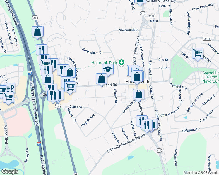 map of restaurants, bars, coffee shops, grocery stores, and more near 205 Gilead Road in Huntersville