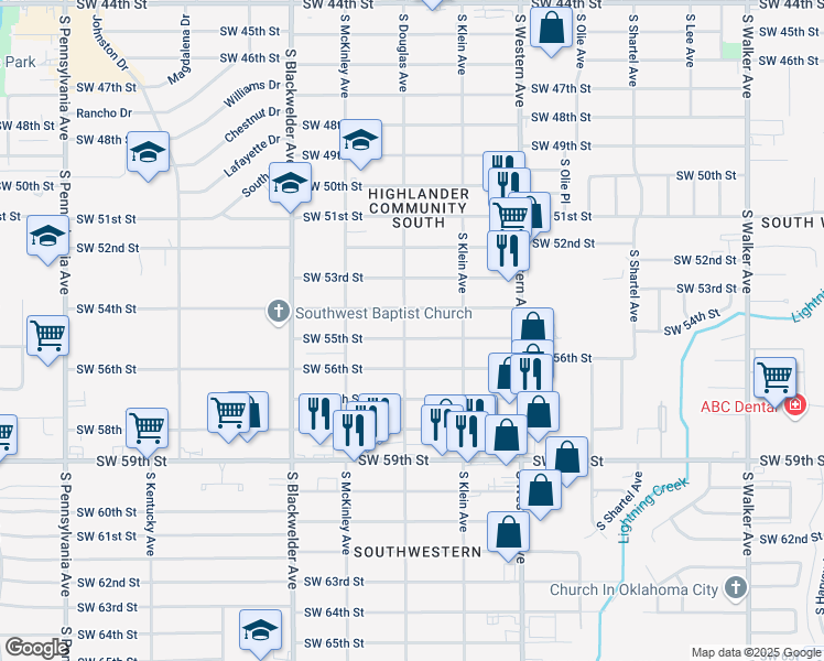 map of restaurants, bars, coffee shops, grocery stores, and more near 5520 South Douglas Avenue in Oklahoma City