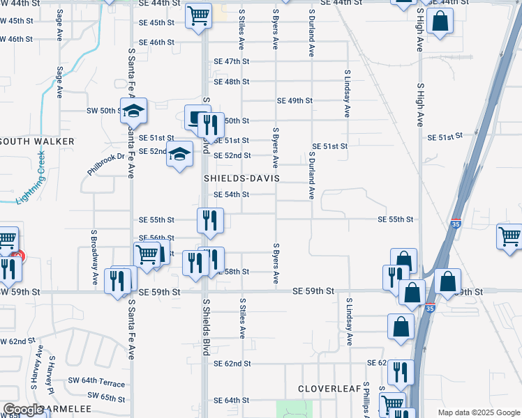 map of restaurants, bars, coffee shops, grocery stores, and more near 323 Southeast 55th Street in Oklahoma City