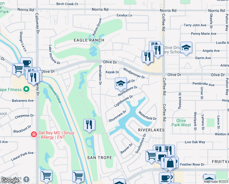 map of restaurants, bars, coffee shops, grocery stores, and more near 8600 Northshore Drive in Bakersfield