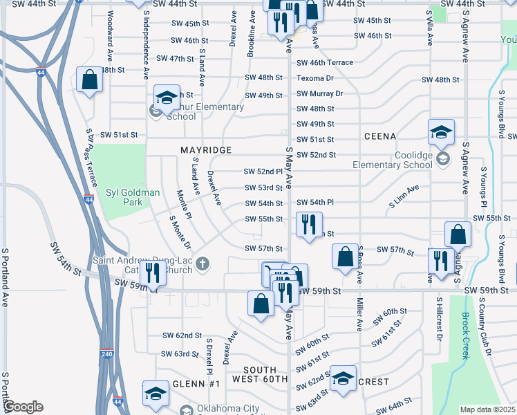 map of restaurants, bars, coffee shops, grocery stores, and more near 2942 Southwest 54th Street in Oklahoma City