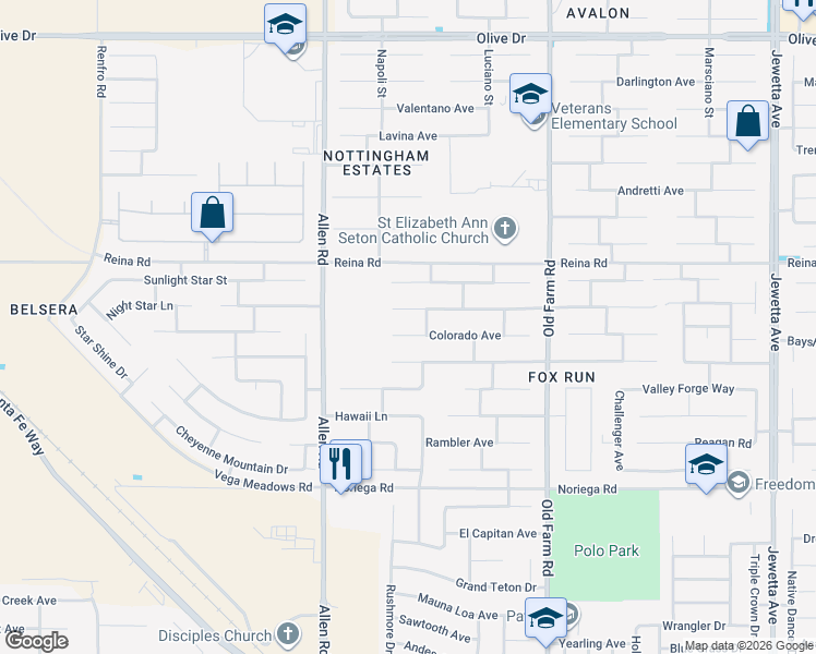 map of restaurants, bars, coffee shops, grocery stores, and more near 12510 Colorado Avenue in Bakersfield