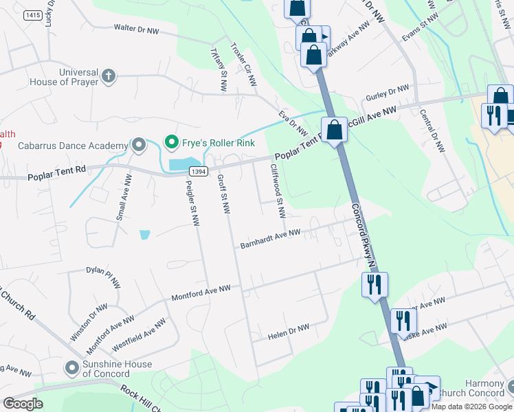 map of restaurants, bars, coffee shops, grocery stores, and more near 355 Raleigh Street Northwest in Concord