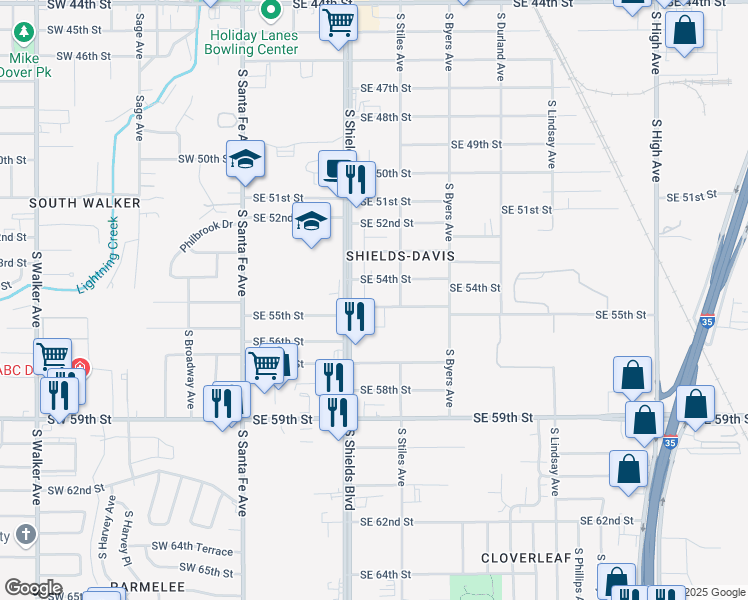map of restaurants, bars, coffee shops, grocery stores, and more near 5518 South Shields Boulevard in Oklahoma City