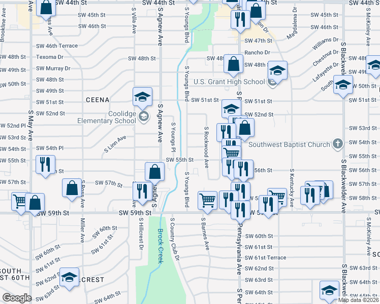 map of restaurants, bars, coffee shops, grocery stores, and more near 5511 South Youngs Boulevard in Oklahoma City