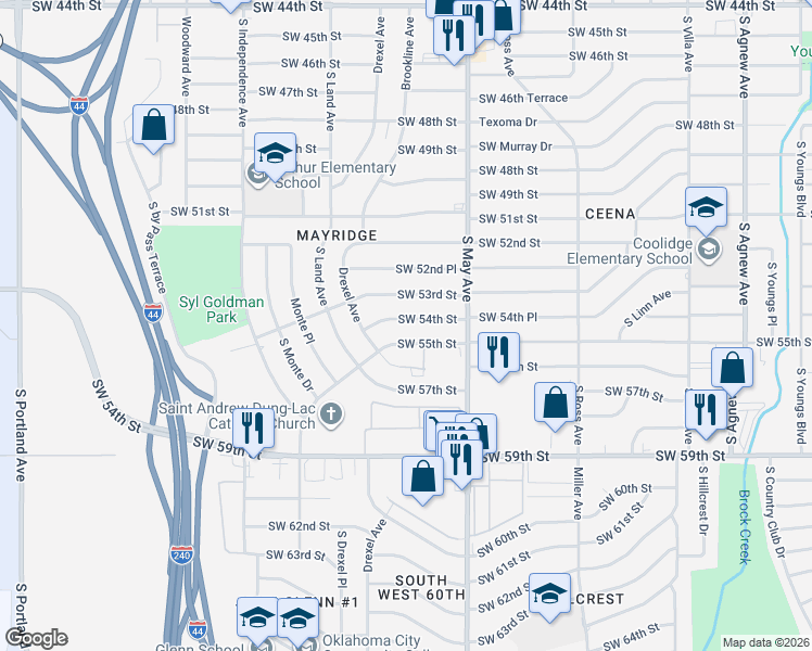 map of restaurants, bars, coffee shops, grocery stores, and more near 2942 Southwest 54th Street in Oklahoma City