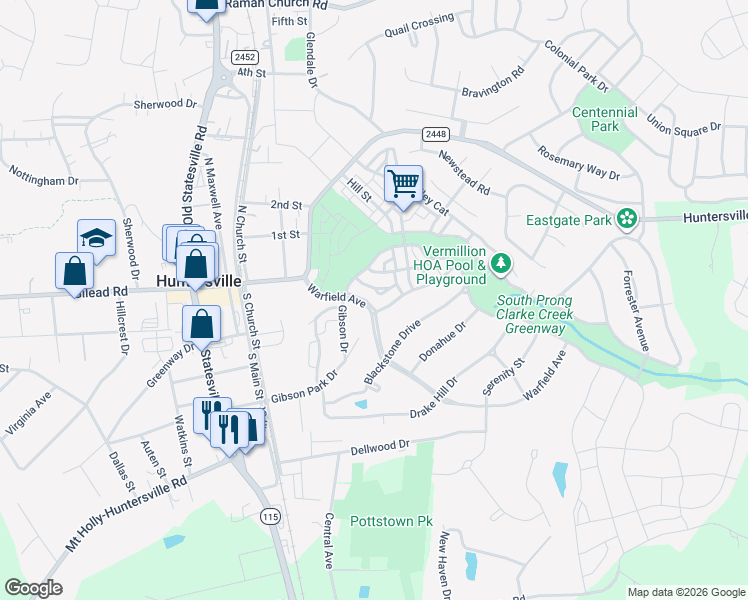 map of restaurants, bars, coffee shops, grocery stores, and more near 11127 Warfield Avenue in Huntersville