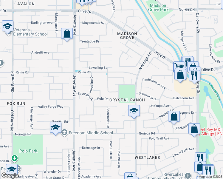 map of restaurants, bars, coffee shops, grocery stores, and more near 10800 Peach Blossom Avenue in Bakersfield