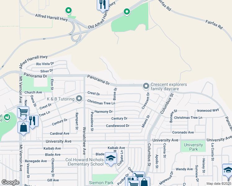 map of restaurants, bars, coffee shops, grocery stores, and more near 3500 Crest Drive in Bakersfield