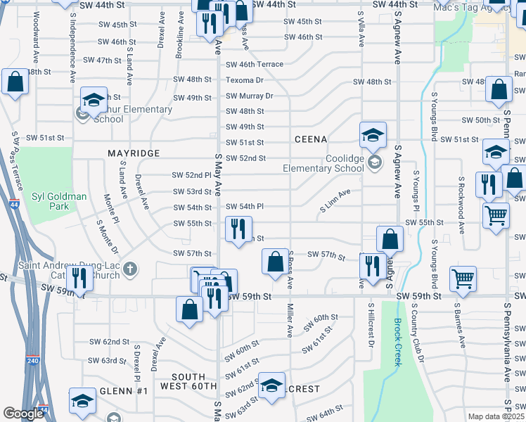 map of restaurants, bars, coffee shops, grocery stores, and more near 2736 Southwest 54th Place in Oklahoma City