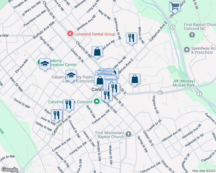 map of restaurants, bars, coffee shops, grocery stores, and more near 01 Cabarrus Avenue East in Concord