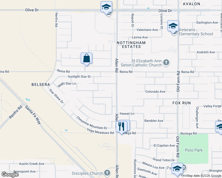 map of restaurants, bars, coffee shops, grocery stores, and more near 5525 Cherry Creek Lane in Bakersfield