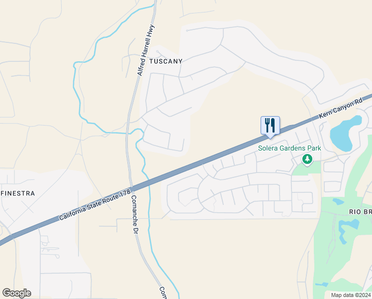 map of restaurants, bars, coffee shops, grocery stores, and more near 6307 Veronese Court in Bakersfield