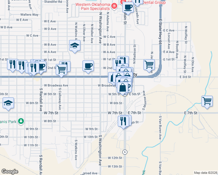 map of restaurants, bars, coffee shops, grocery stores, and more near 222 West Broadway Avenue in Elk City