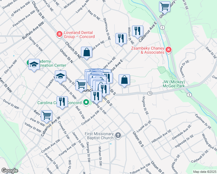 map of restaurants, bars, coffee shops, grocery stores, and more near Church Street South in Concord