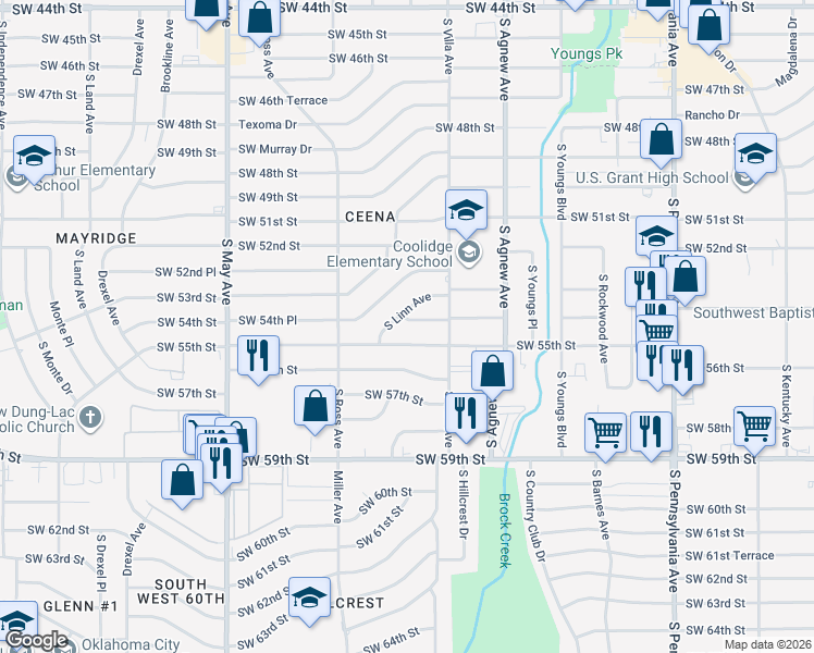 map of restaurants, bars, coffee shops, grocery stores, and more near 2528 SW 54th St in Oklahoma City