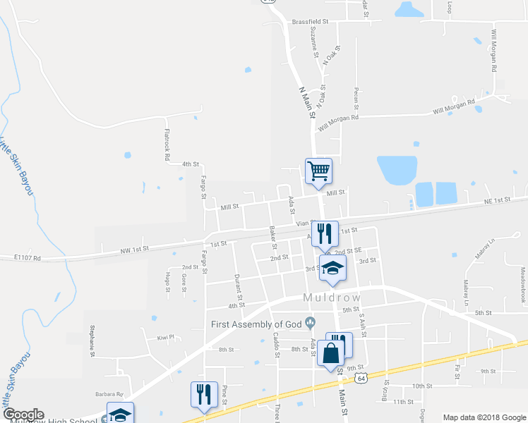 map of restaurants, bars, coffee shops, grocery stores, and more near 108 Baker Street in Muldrow