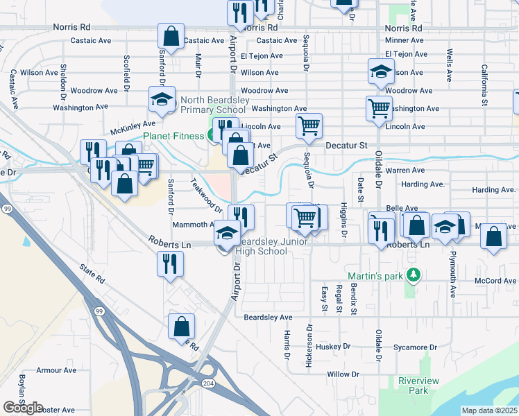 map of restaurants, bars, coffee shops, grocery stores, and more near 411 Belmont Avenue in Bakersfield