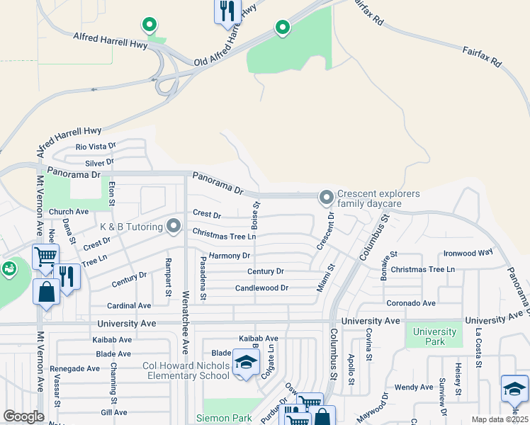map of restaurants, bars, coffee shops, grocery stores, and more near 3504 Crest Drive in Bakersfield