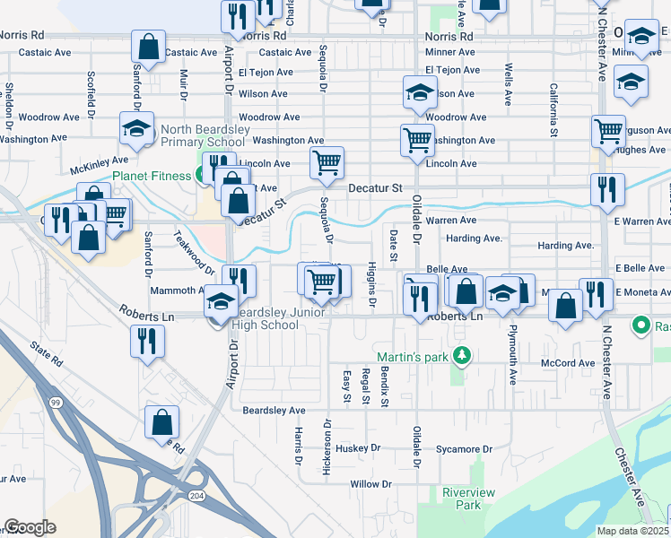 map of restaurants, bars, coffee shops, grocery stores, and more near 440 Sequoia Drive in Bakersfield
