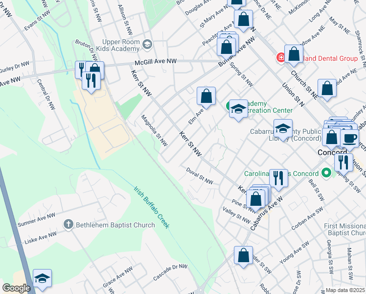 map of restaurants, bars, coffee shops, grocery stores, and more near 267 Odell Drive Northwest in Concord