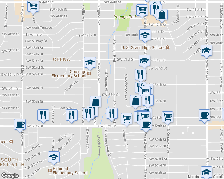 map of restaurants, bars, coffee shops, grocery stores, and more near 5511 South Youngs Boulevard in Oklahoma City