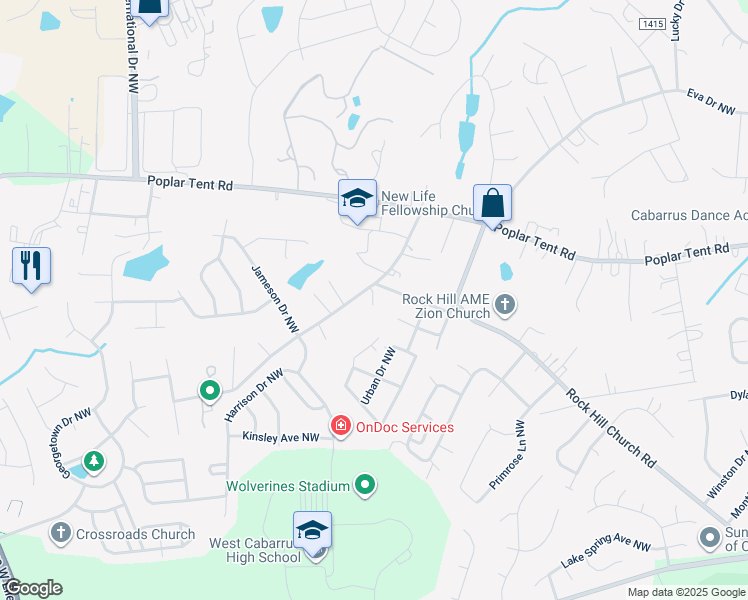 map of restaurants, bars, coffee shops, grocery stores, and more near 417 Old Speedway Drive Northwest in Concord