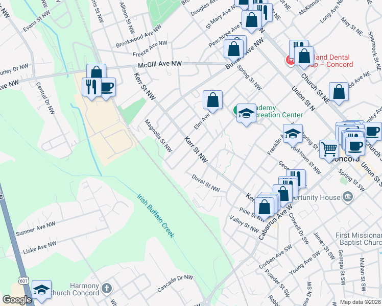 map of restaurants, bars, coffee shops, grocery stores, and more near 265 Odell Drive Northwest in Concord