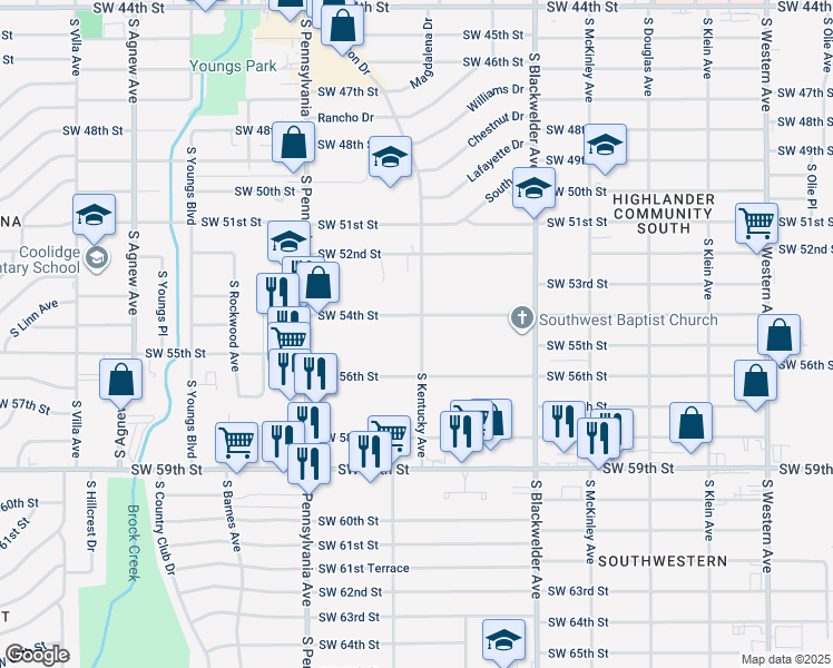 map of restaurants, bars, coffee shops, grocery stores, and more near 5513 South Kentucky Avenue in Oklahoma City