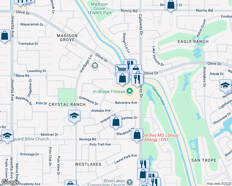 map of restaurants, bars, coffee shops, grocery stores, and more near 10004 Roehampton Avenue in Bakersfield