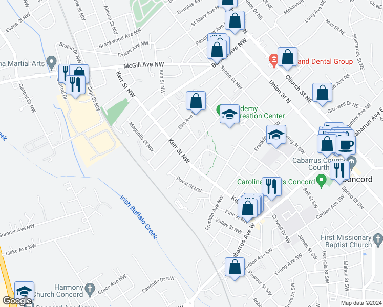 map of restaurants, bars, coffee shops, grocery stores, and more near 237 Academy Avenue Northwest in Concord
