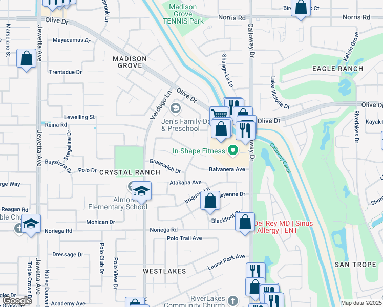 map of restaurants, bars, coffee shops, grocery stores, and more near 10103 Roehampton Avenue in Bakersfield