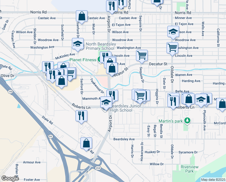 map of restaurants, bars, coffee shops, grocery stores, and more near 331 Airport Drive in Bakersfield