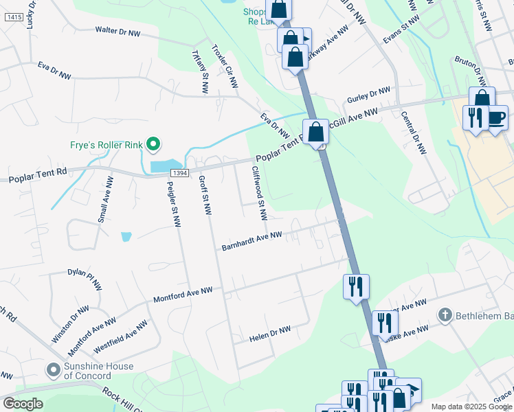map of restaurants, bars, coffee shops, grocery stores, and more near 352 Cliffwood Street Northwest in Concord