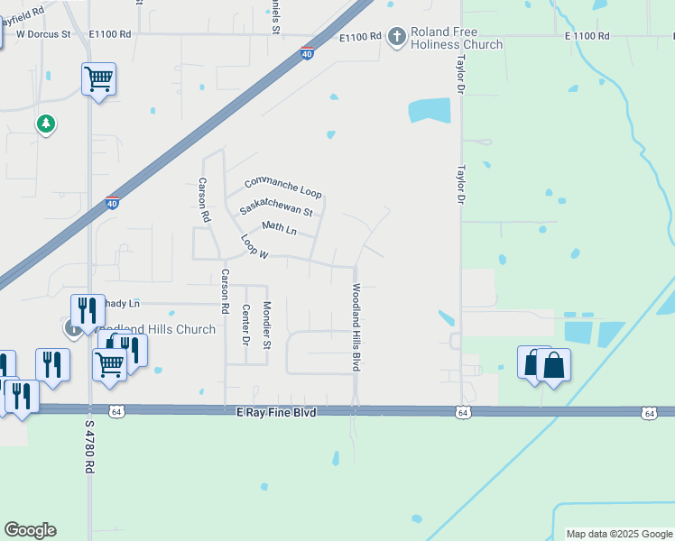 map of restaurants, bars, coffee shops, grocery stores, and more near 101 Loop West in Roland