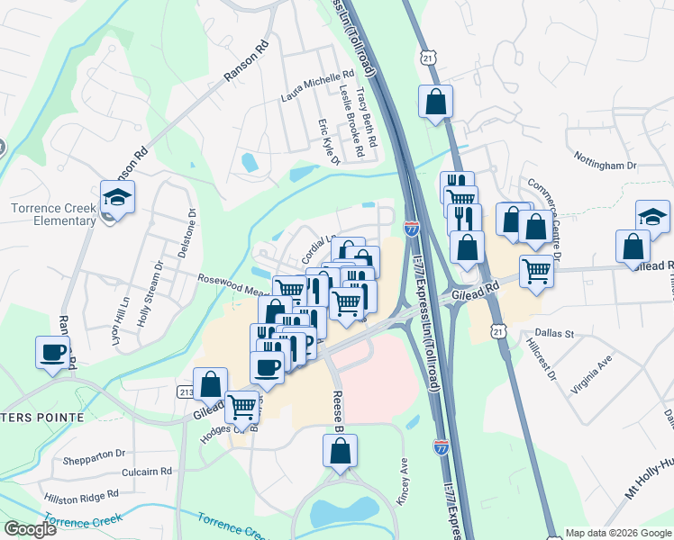 map of restaurants, bars, coffee shops, grocery stores, and more near 10031 Ansonborough Square in Huntersville
