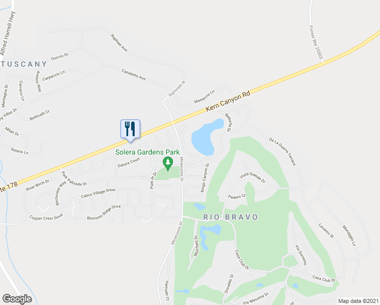 map of restaurants, bars, coffee shops, grocery stores, and more near 14500 Las Palmas Drive in Bakersfield