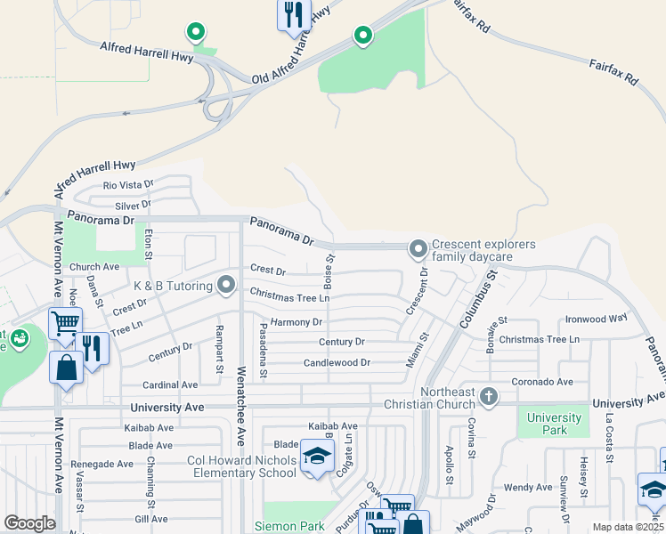 map of restaurants, bars, coffee shops, grocery stores, and more near 3500 Crest Drive in Bakersfield