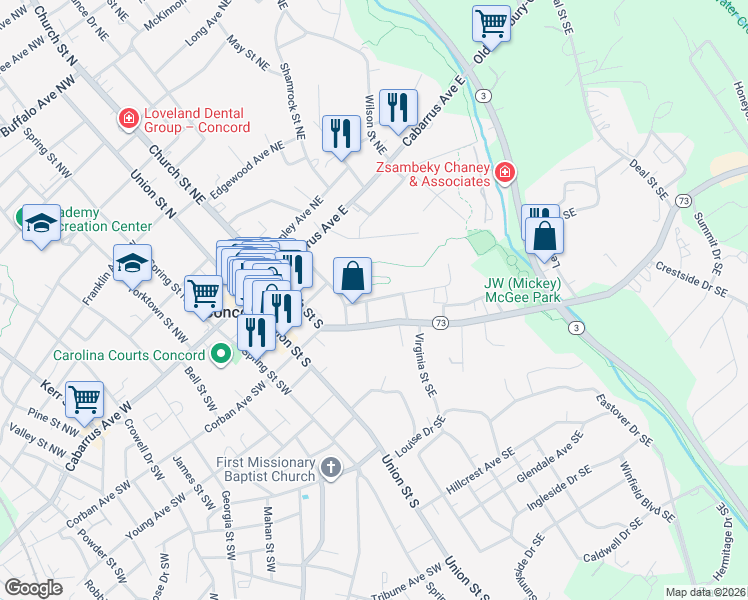 map of restaurants, bars, coffee shops, grocery stores, and more near 100 Wilkinson Court Southeast in Concord