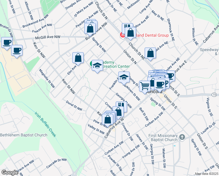 map of restaurants, bars, coffee shops, grocery stores, and more near 146 Franklin Avenue Northwest in Concord