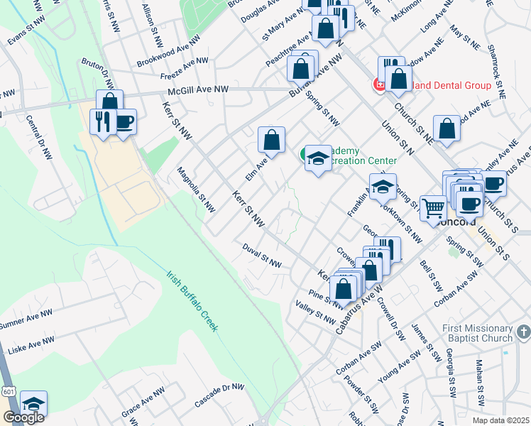 map of restaurants, bars, coffee shops, grocery stores, and more near 237 Academy Avenue Northwest in Concord