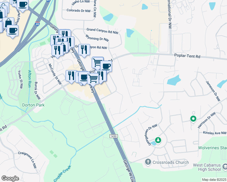 map of restaurants, bars, coffee shops, grocery stores, and more near 327 Coddle Market Drive Northwest in Concord