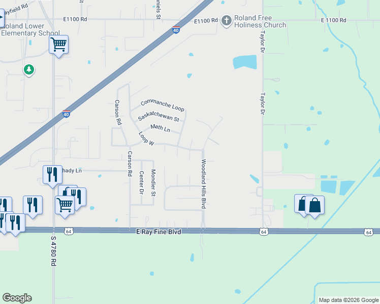 map of restaurants, bars, coffee shops, grocery stores, and more near 101 Loop West in Roland