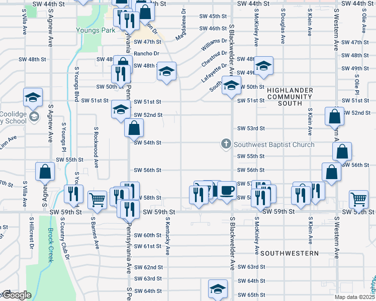 map of restaurants, bars, coffee shops, grocery stores, and more near 5513 South Kentucky Avenue in Oklahoma City
