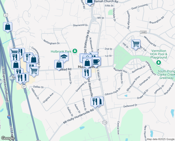map of restaurants, bars, coffee shops, grocery stores, and more near 105 South Old Statesville Road in Huntersville
