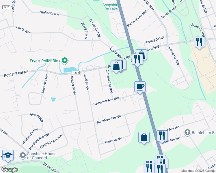 map of restaurants, bars, coffee shops, grocery stores, and more near 352 Cliffwood Street Northwest in Concord