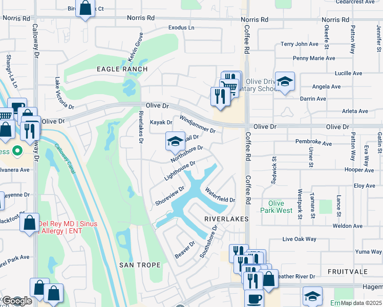 map of restaurants, bars, coffee shops, grocery stores, and more near 8505 Northshore Drive in Bakersfield