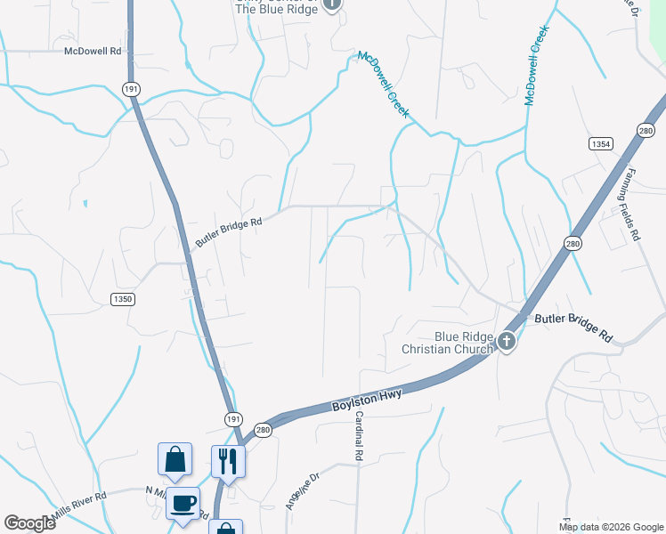 map of restaurants, bars, coffee shops, grocery stores, and more near 161 Foxhall Road in Mills River