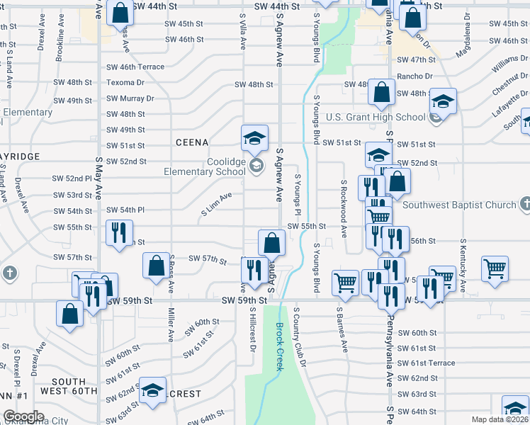 map of restaurants, bars, coffee shops, grocery stores, and more near 2416 Southwest 54th Street in Oklahoma City