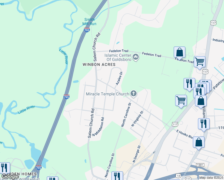 map of restaurants, bars, coffee shops, grocery stores, and more near 600 West Hooks River Road in Goldsboro